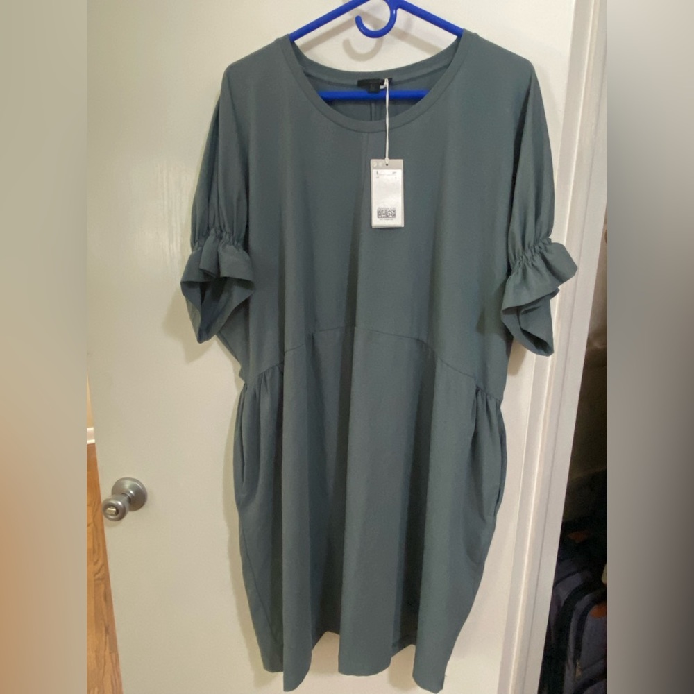 COS Olive Green Midi Dress with Ruffle Sleeves